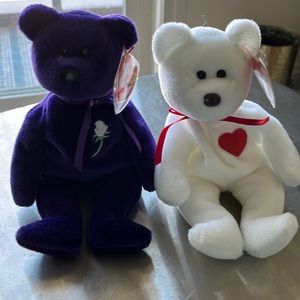 Princess and Valentino Beanie Babies w/ protective plastic
